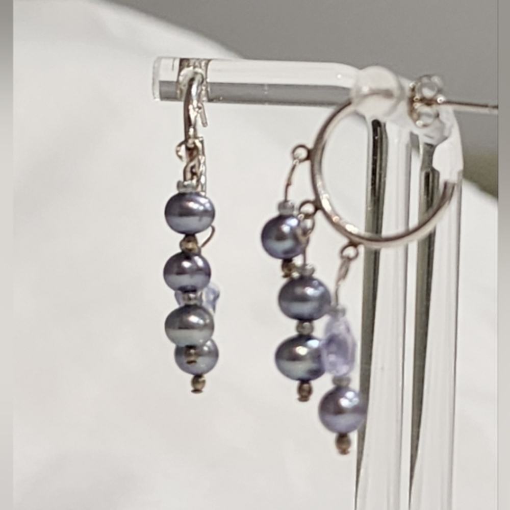 Feminine Peacock Culture Pearls & Crystal Sterling Silver Semi-Hoop Earrings
